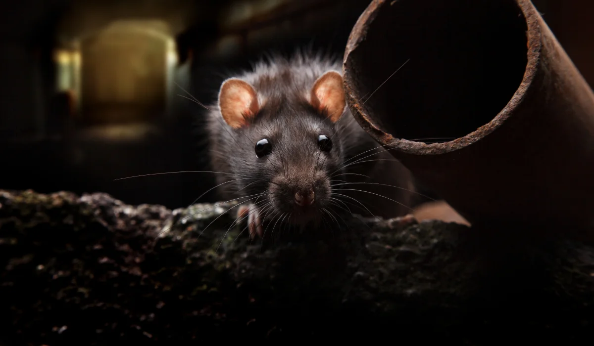 Dark-furred roof rat peering from debris beside a rusted pipe in a dim attic-like space
