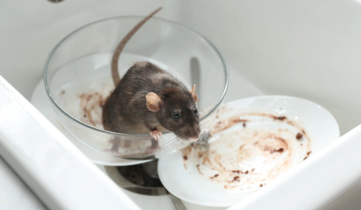 Rat perched on a glass bowl next to a soiled plate in a kitchen sink