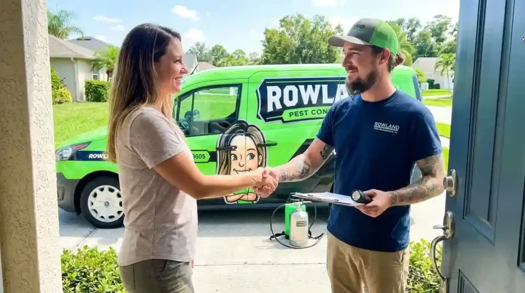 Pest control technician shaking hands with homeowner at a front door, green Rowland Pest Control van visible outside